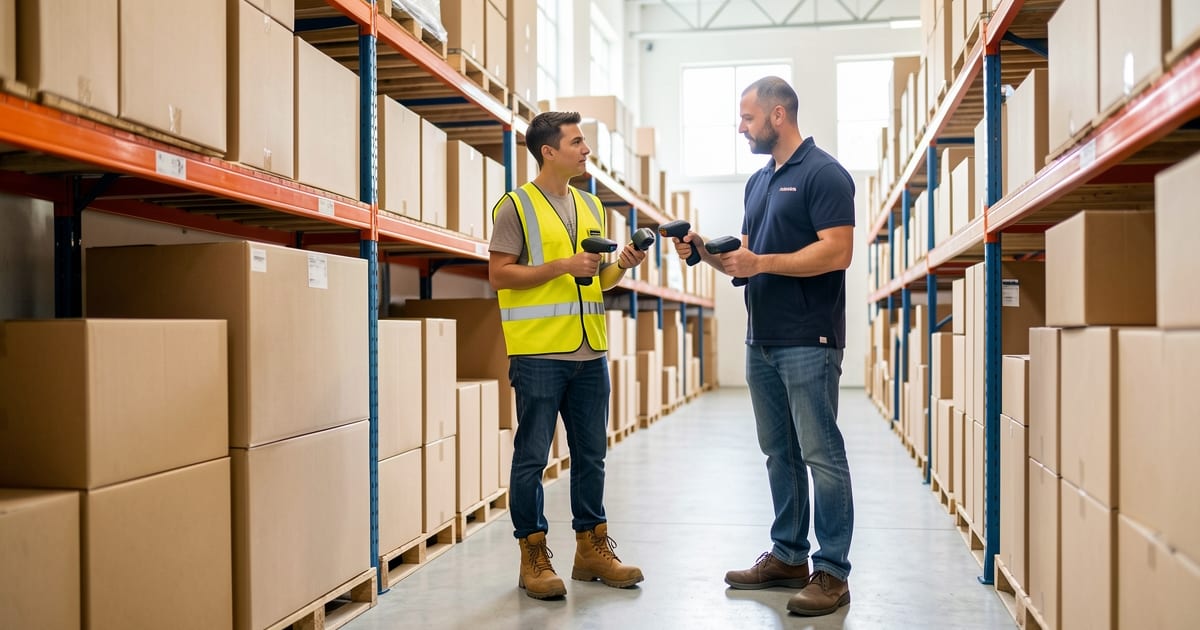 New warehouse employee and trainer with a handheld scanner in a bright aisle of shelves and cardboard boxes