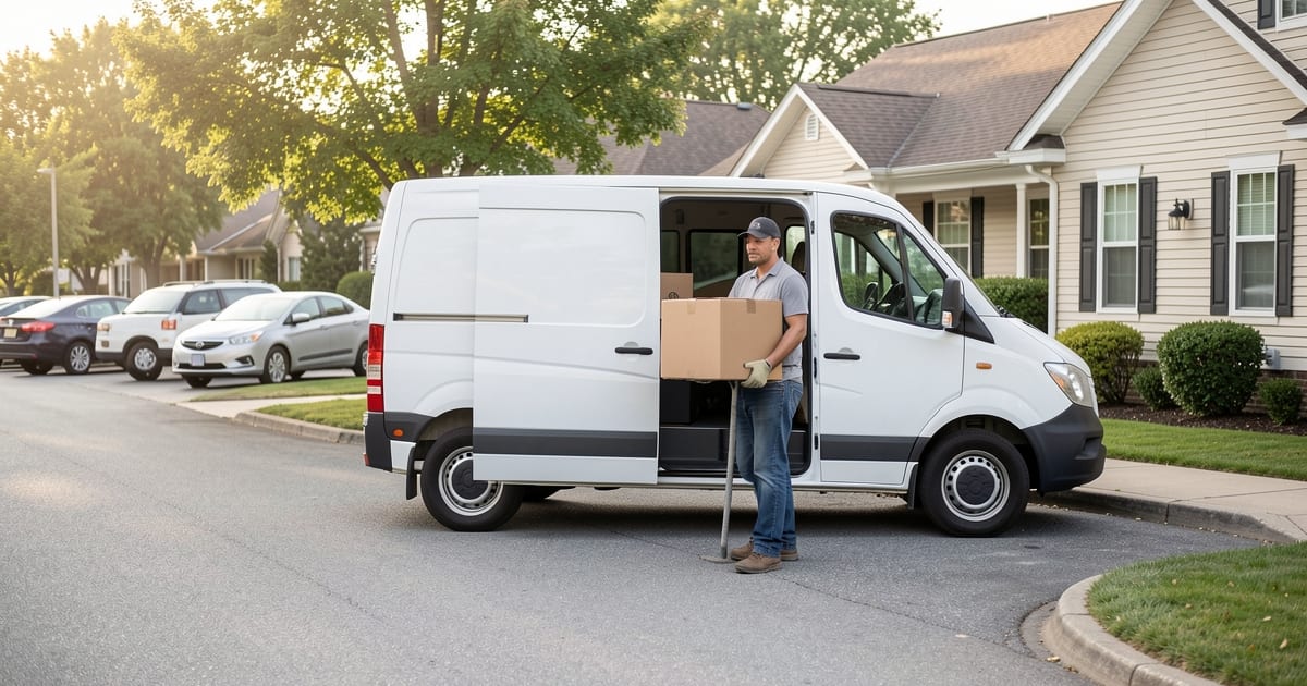 Delivery driver carrying a box from a white van toward a suburban home on a sunny morning