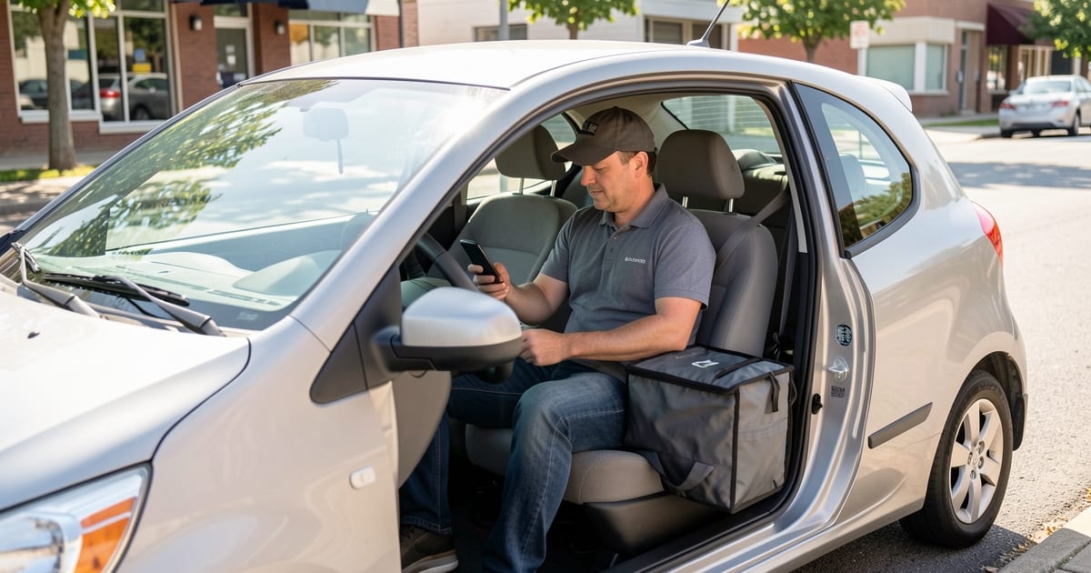 Delivery driver in a parked car with an insulated bag on the passenger seat, checking a phone on the dashboard