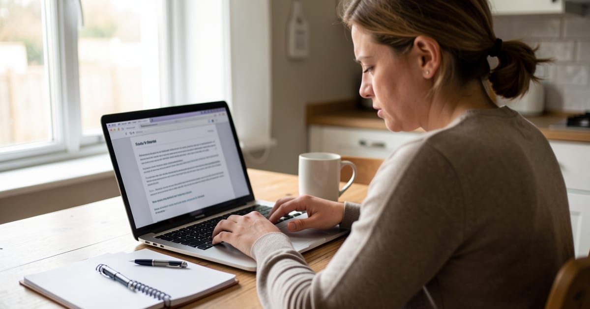 Job seeker at a home table carefully reviewing a job listing on a laptop with a notebook and pen nearby