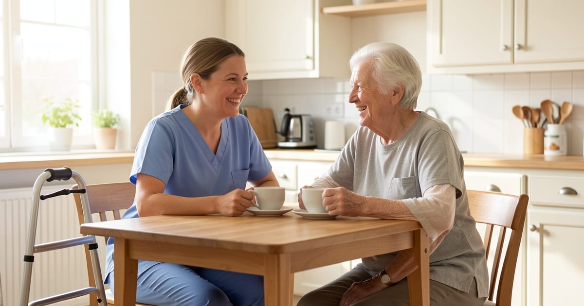 Caregiver sharing tea with an older client at a sunlit kitchen table in a home