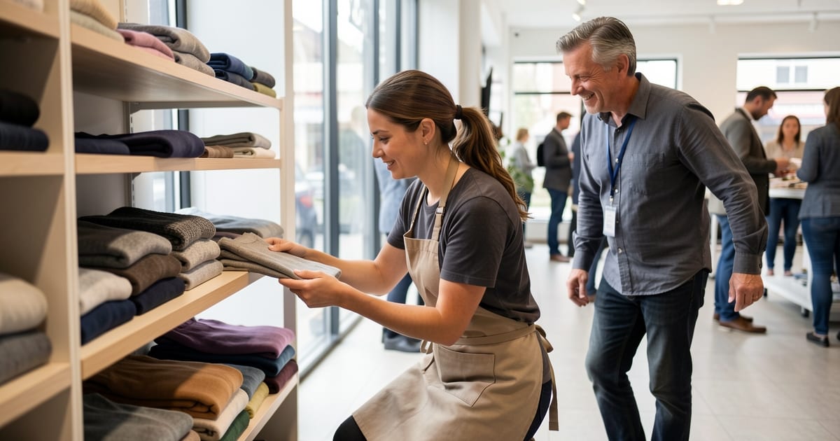 Retail worker folding sweaters on a shelf while a manager looks on in a bright store
