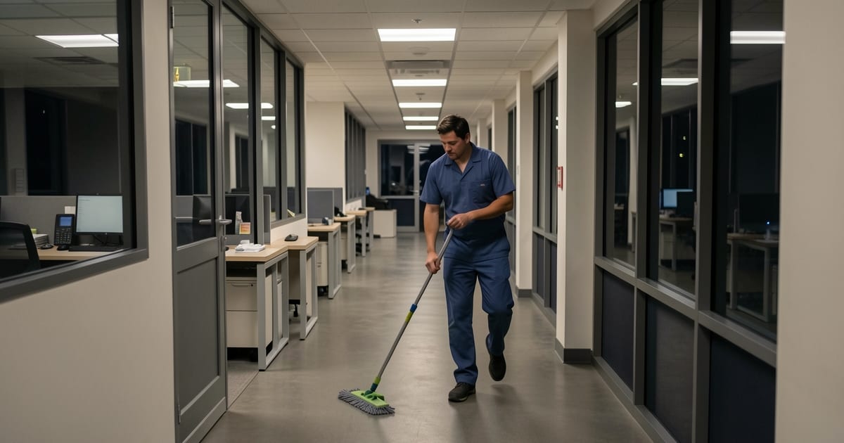 Night shift custodian pushing a mop bucket down a quiet, softly lit office corridor