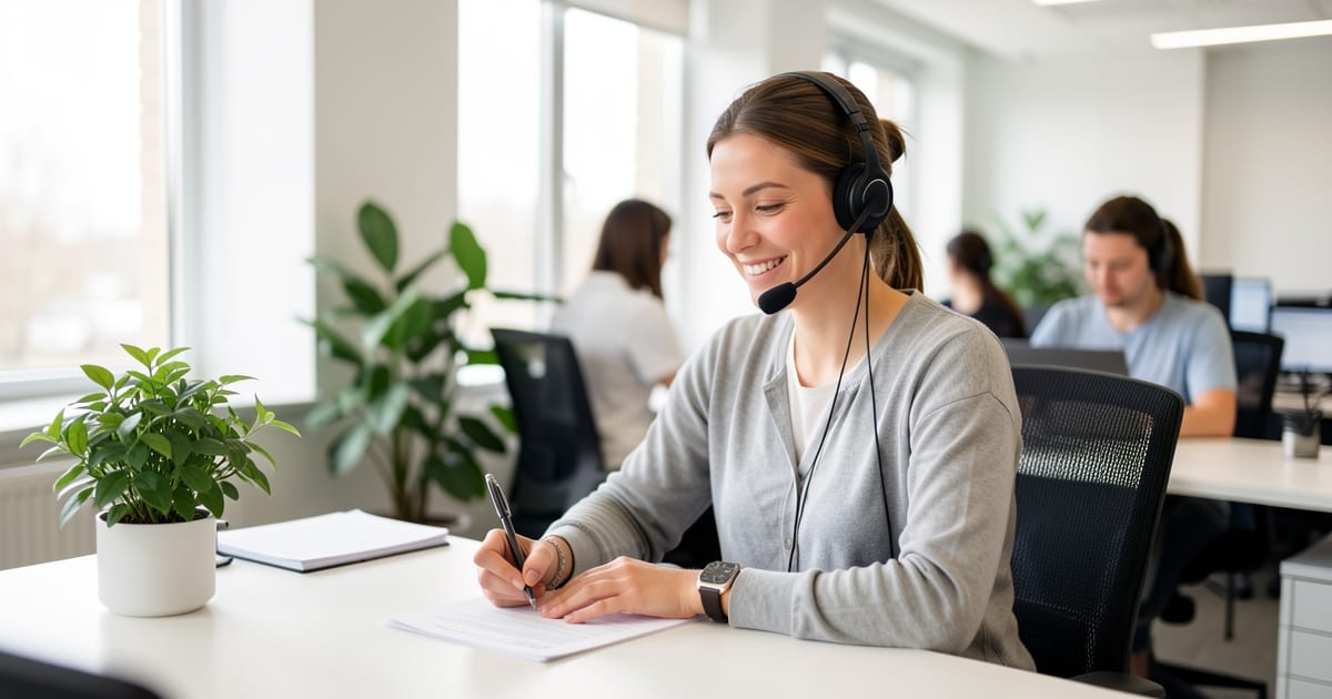 Call center agent wearing a headset and taking notes at a desk in a bright open office
