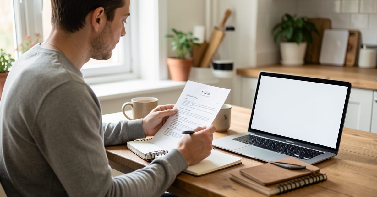 Person at a kitchen table reviewing a printed resume with a pen, notebook, and coffee in morning light