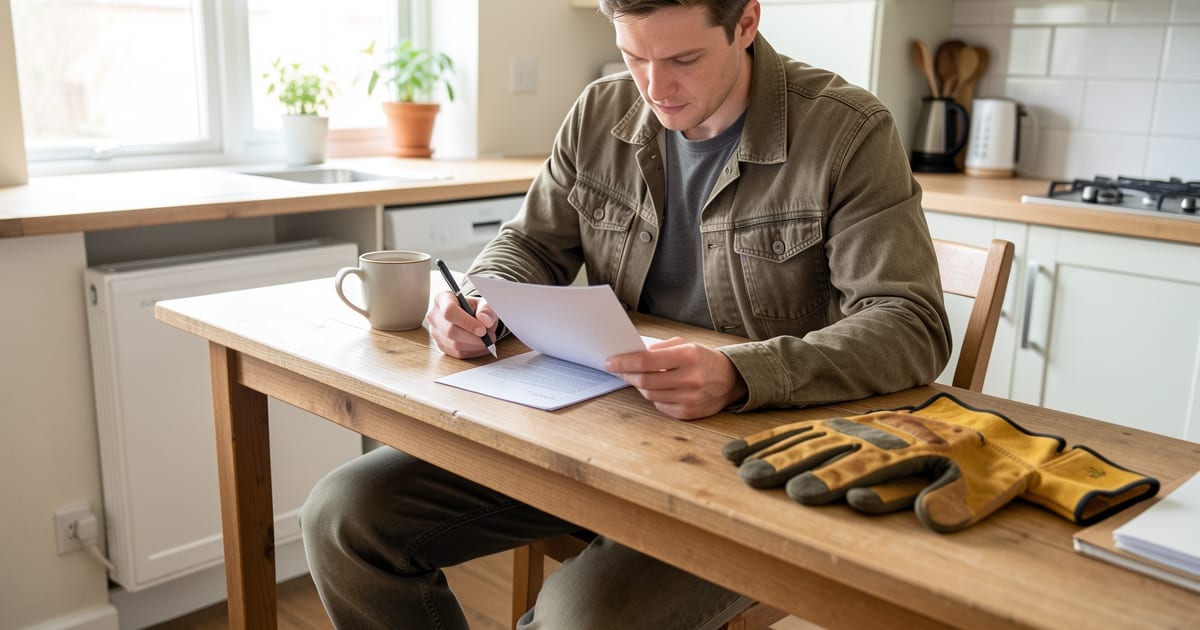 Job seeker reviewing a printed one-page resume at a table with work gloves and a coffee mug nearby