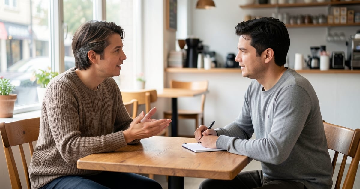 A cafe manager listens to a job candidate during an interview at a small wooden table in soft morning light