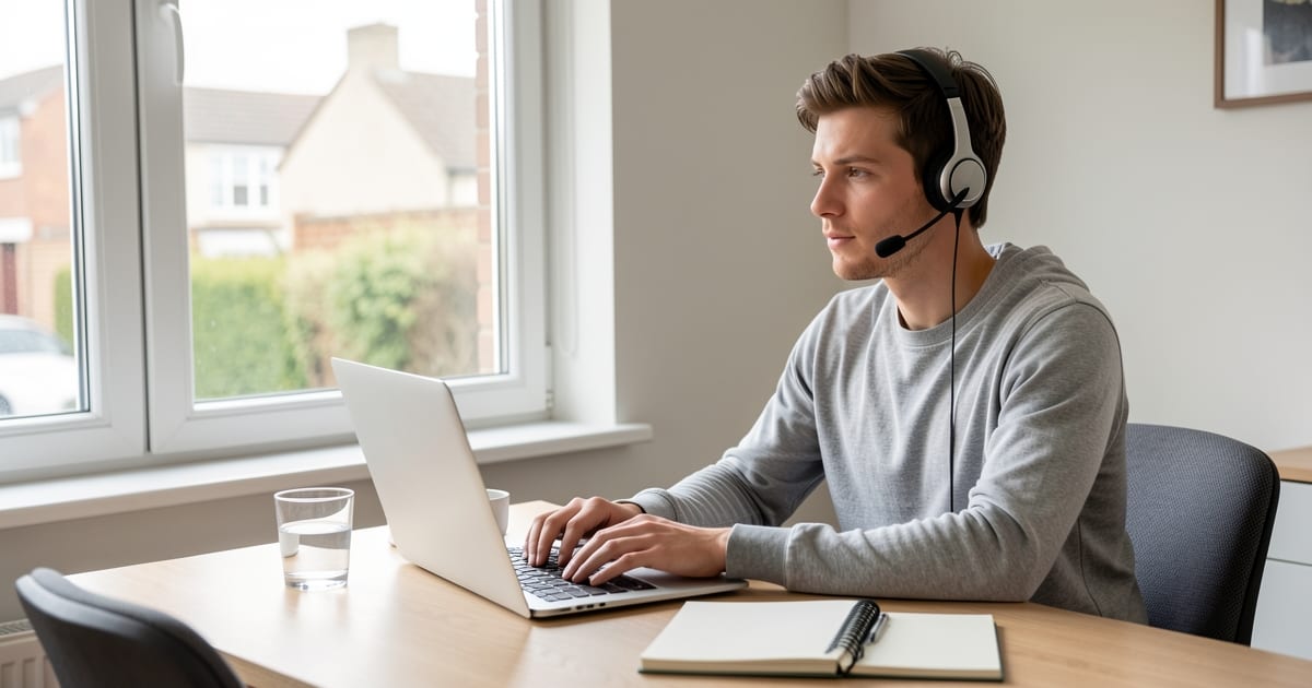 Person with a headset at a tidy home desk preparing for a remote customer service video interview
