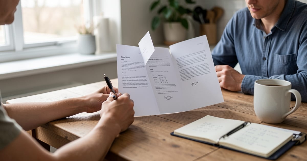 Job seeker at a kitchen table comparing two job offer folders with a pen and notebook in natural light