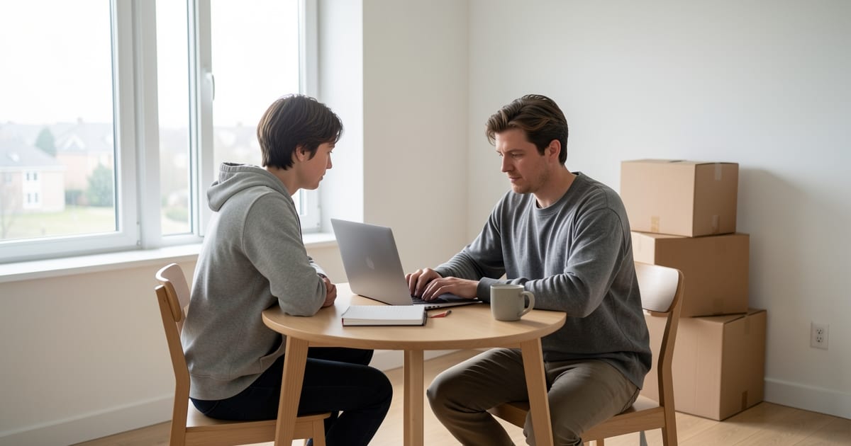 Job seeker working on a laptop at a table in a new apartment surrounded by moving boxes