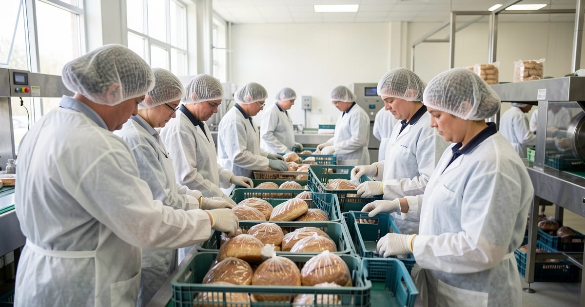 Food production workers in hairnets and gloves packing loaves into crates along a conveyor line