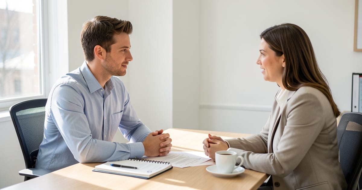 A job seeker talking with a staffing recruiter across a desk in a bright office, with a resume between them
