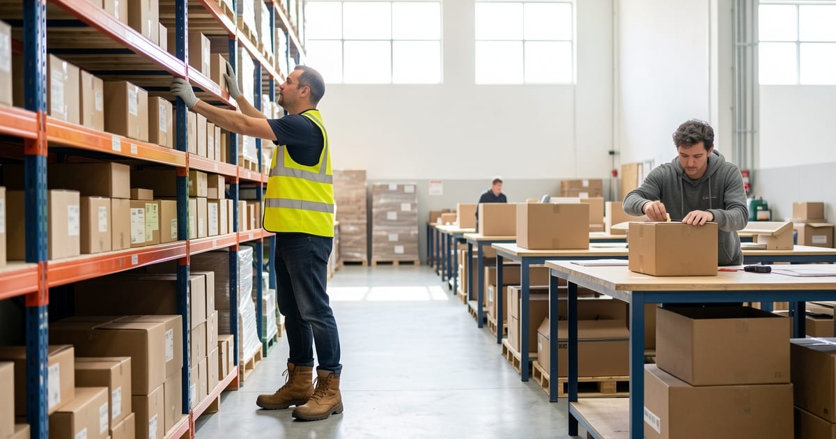 Warehouse workers picking an item from shelving and packing a box at a bench in natural light