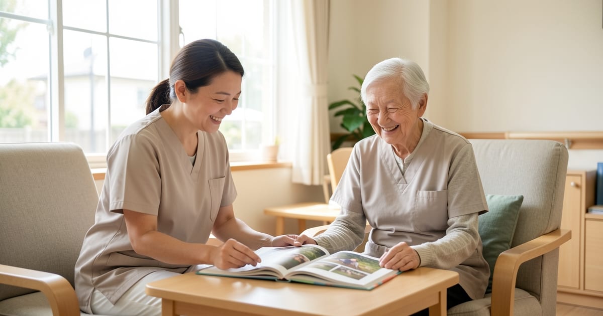 Care assistant sitting with an elderly resident looking through a photo album in a bright lounge