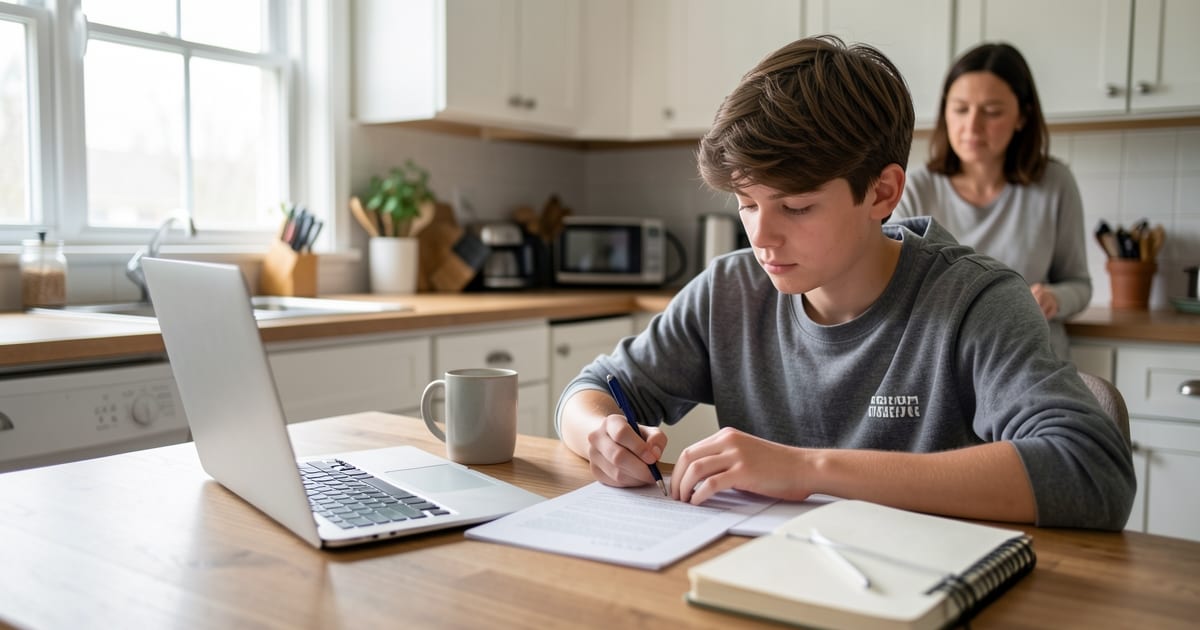 Young person at a kitchen table drafting a CV with a laptop and notebook in natural light