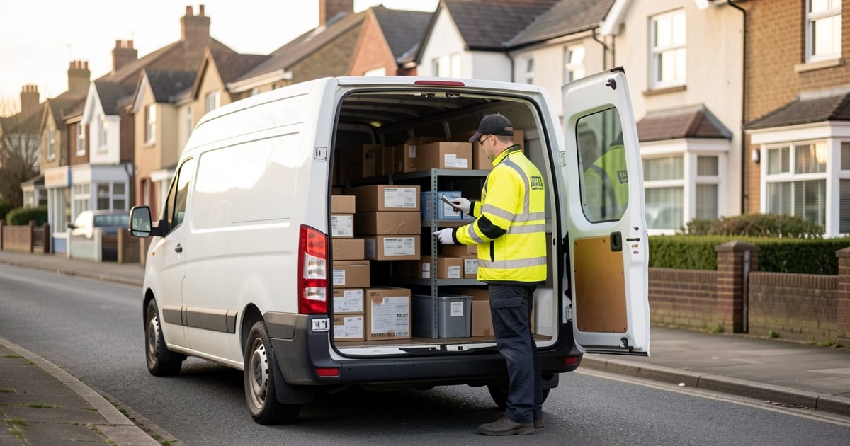 Delivery driver checking parcels in the back of a white van on a residential street in morning light