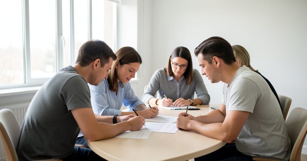 Candidates working together on a group task at a table while an assessor takes notes in a bright room