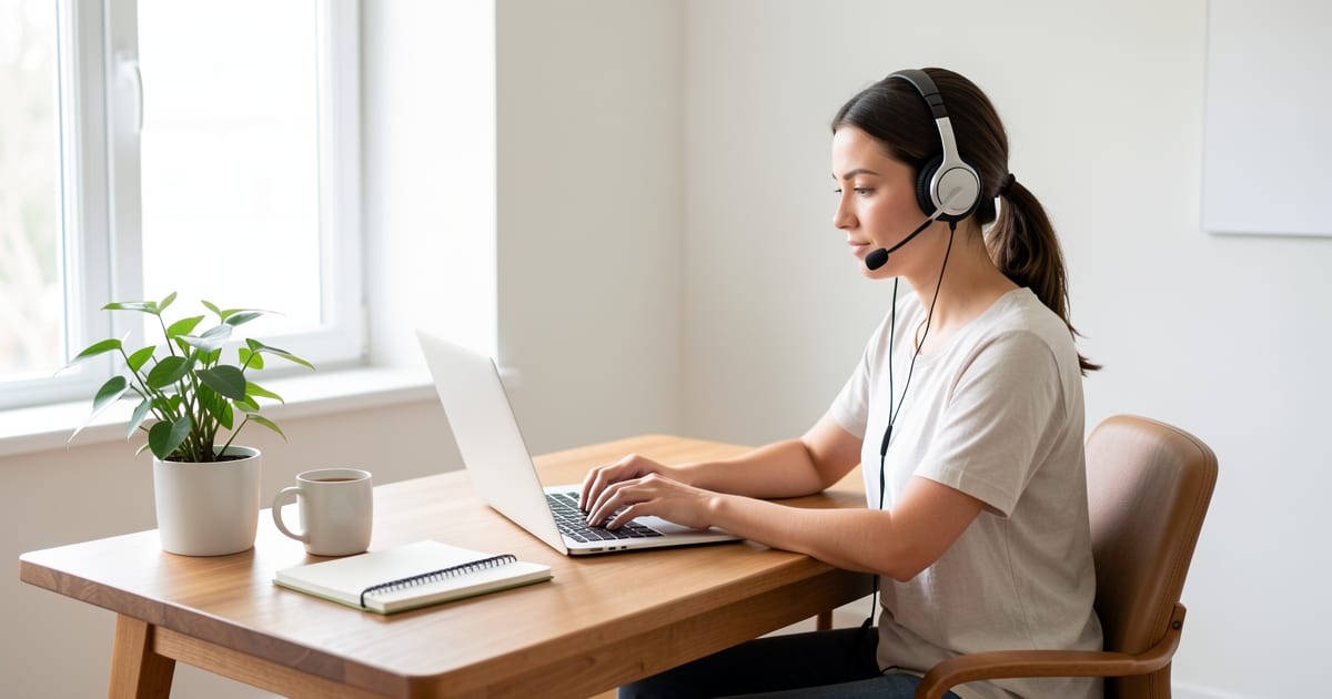 Customer service worker wearing a headset and using a laptop at a home desk by a window