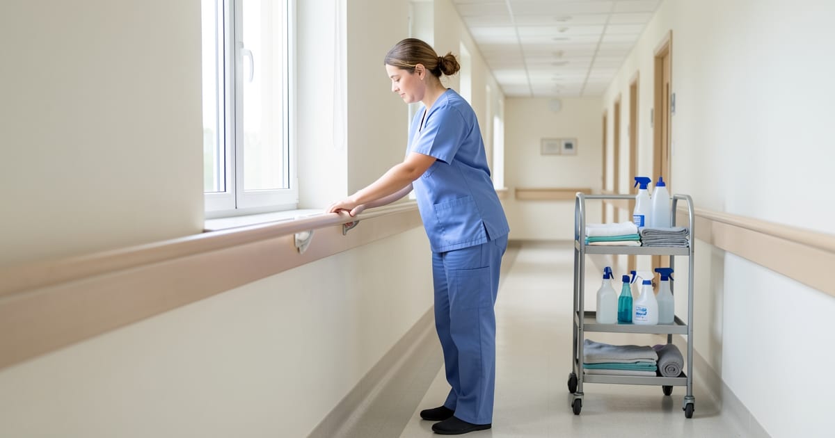 A cleaner wiping a handrail in a bright corridor beside a cleaning trolley