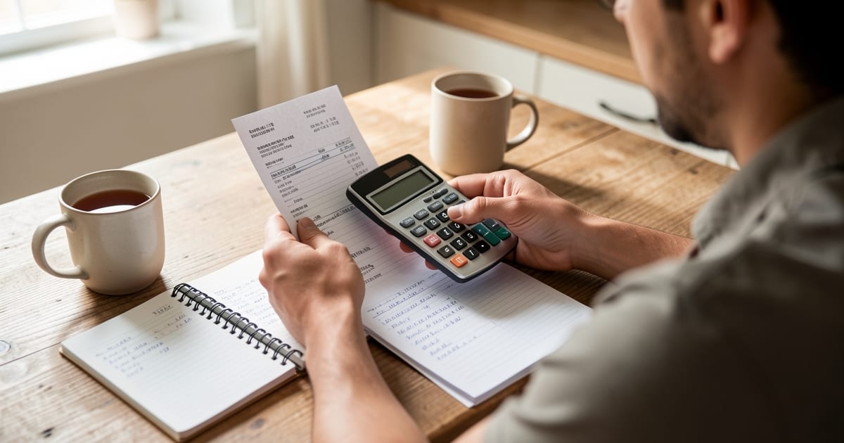 Person at a kitchen table checking a payslip with a calculator and notepad