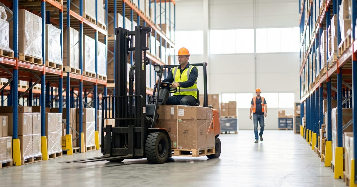 Forklift operator carrying a pallet down a warehouse aisle lined with tall racking in soft daylight