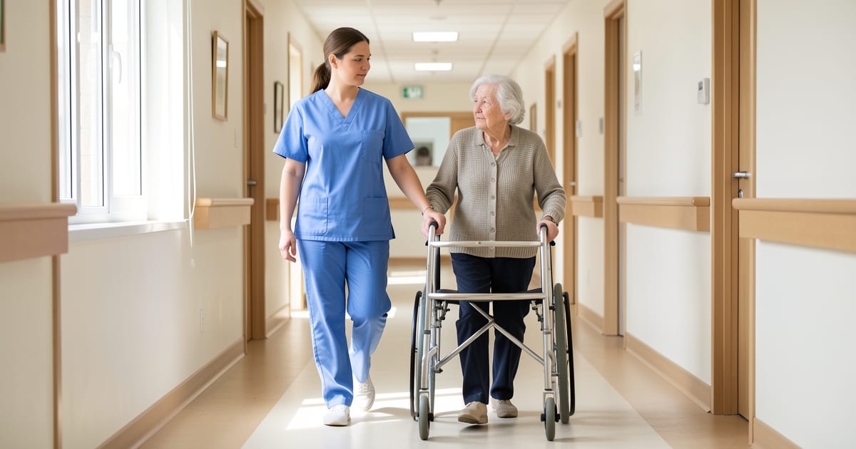A personal support worker helps an elderly woman with a walker along a sunlit care home hallway