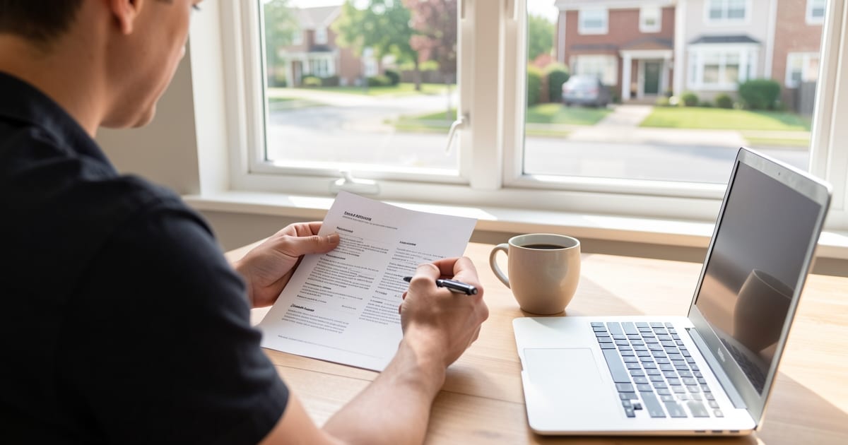 Job seeker reviewing a printed resume at a table with a laptop and coffee in morning light