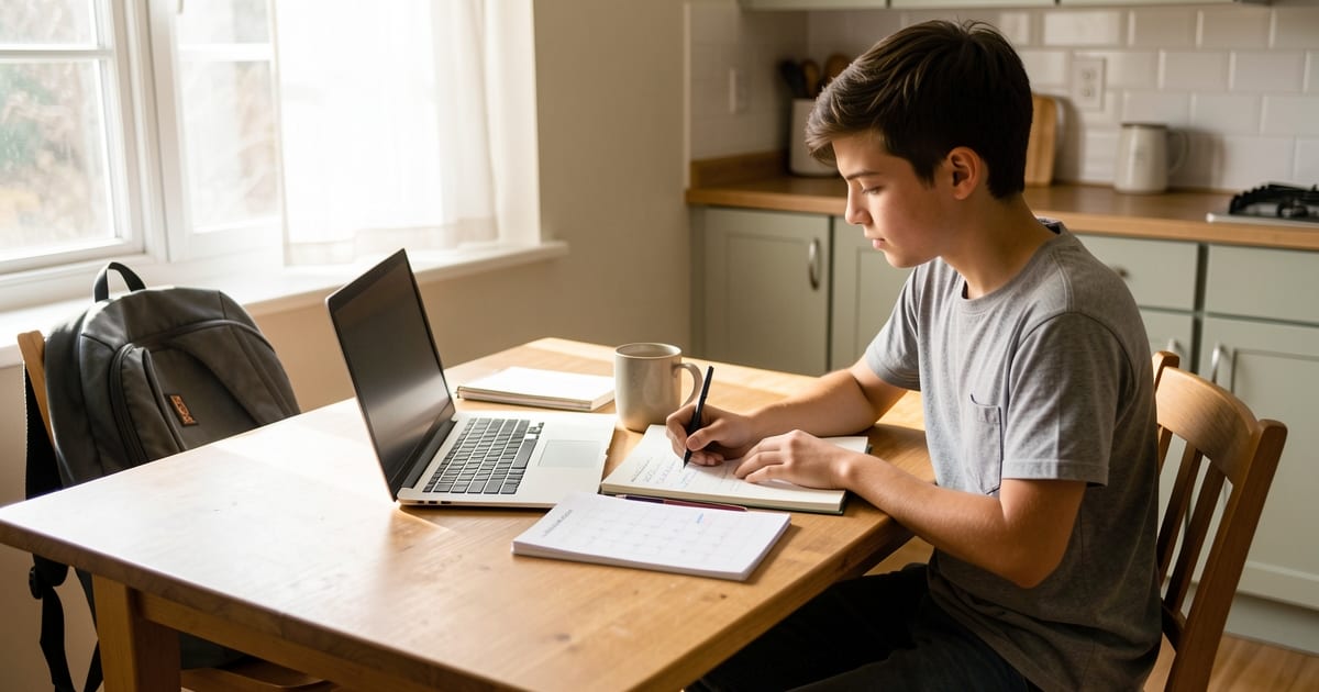 Student at a kitchen table planning a summer job search with a laptop, notebook and paper calendar
