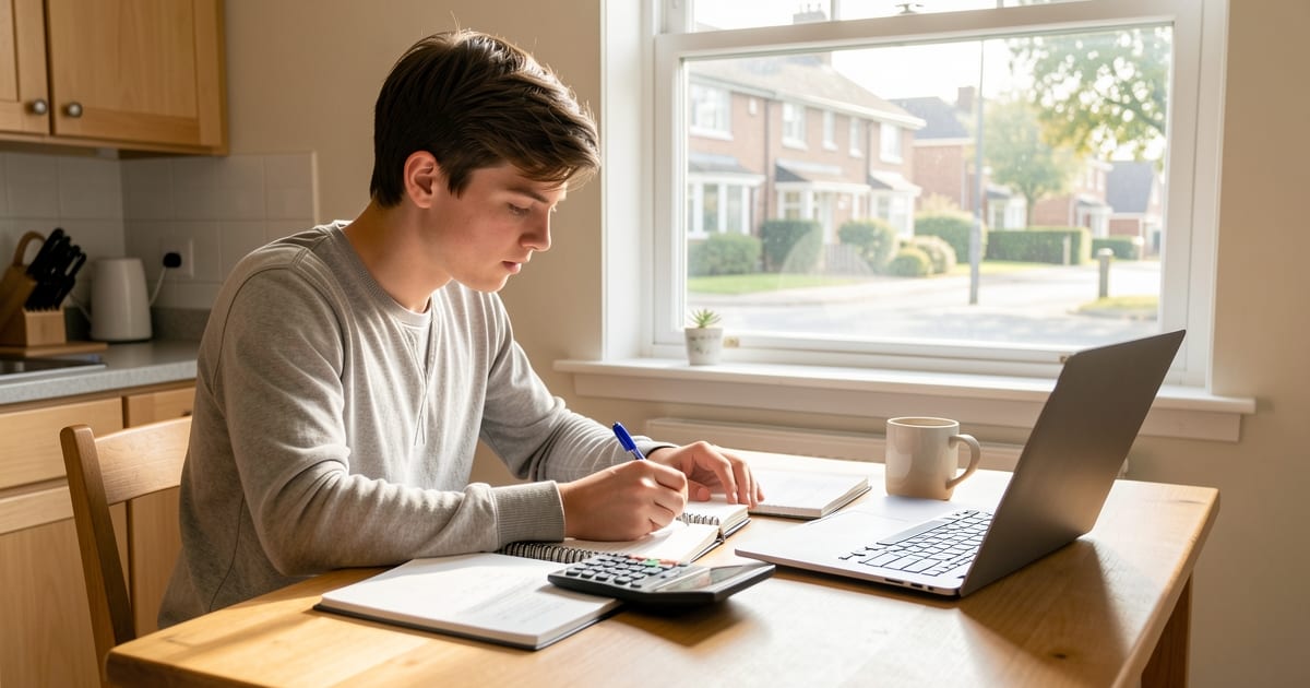 Job seeker at a kitchen table comparing budget notes with a calculator and laptop in morning light