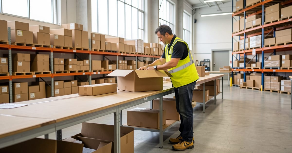 Warehouse worker in hi-vis packing items into a cardboard box at a packing bench with shelving behind