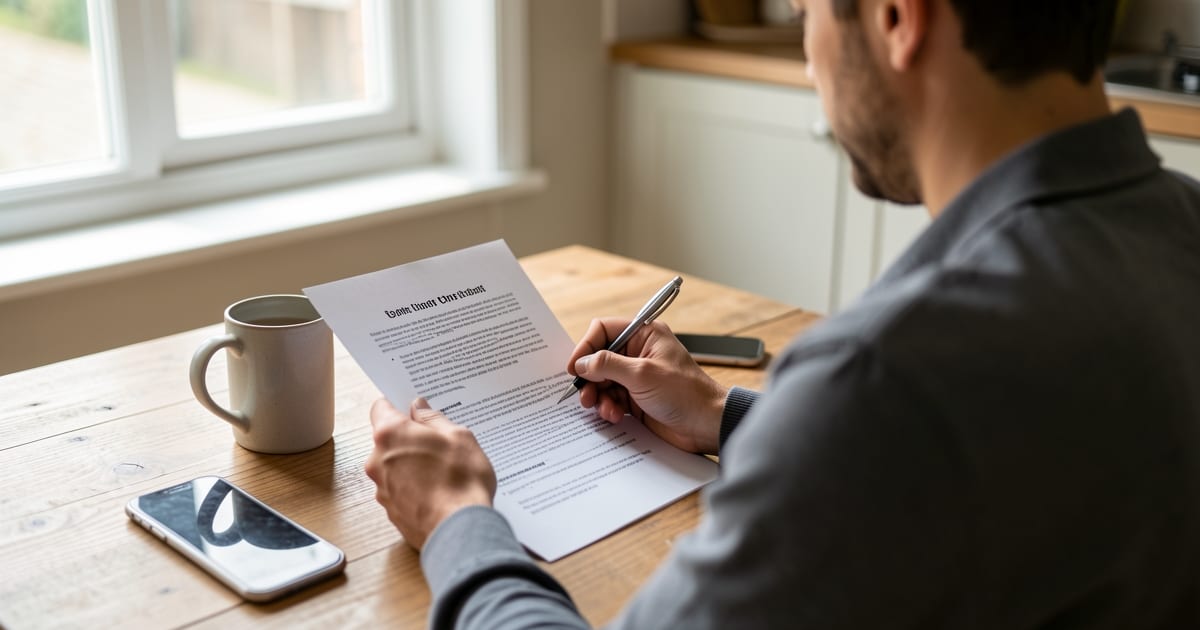 Job seeker reviewing a printed resume at a kitchen table with a pen, mug and phone nearby