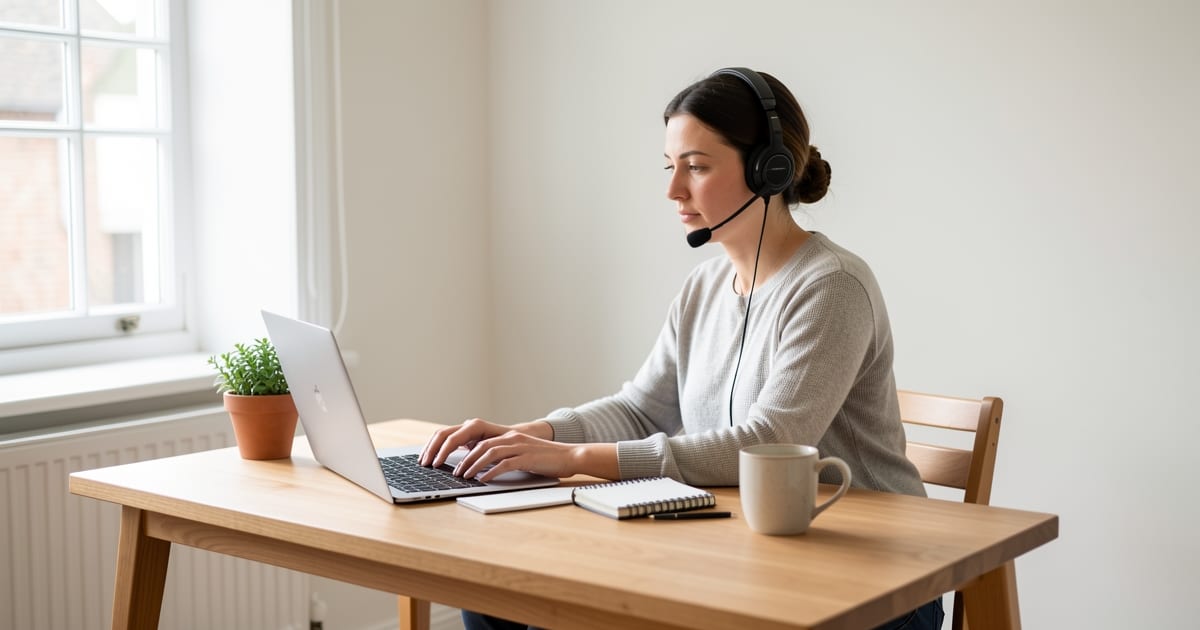 Person wearing a headset working on a laptop at a tidy home desk in soft morning light