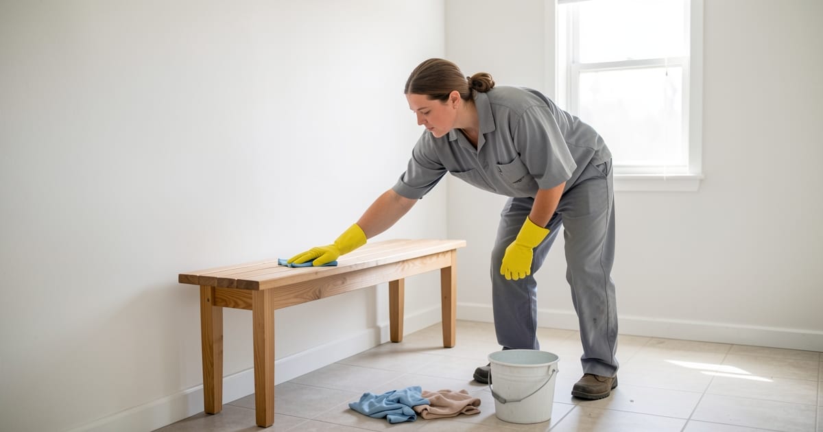 Cleaner wiping a bathroom bench in an empty home in soft morning light