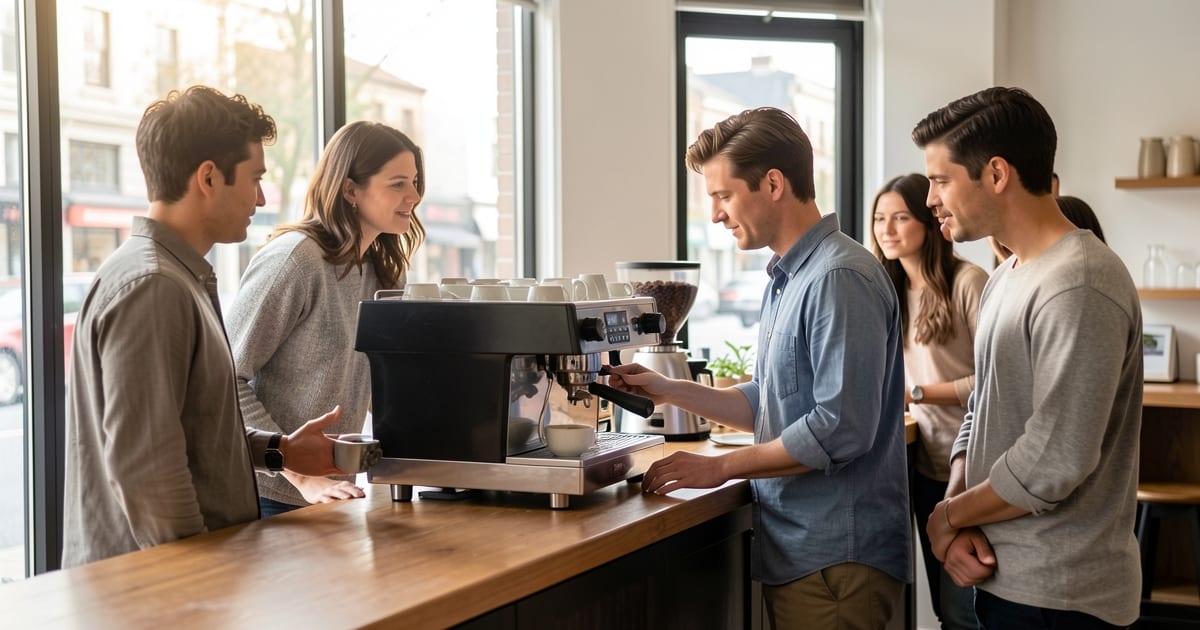 Job candidates watching a manager demonstrate a coffee machine during a group session in a café