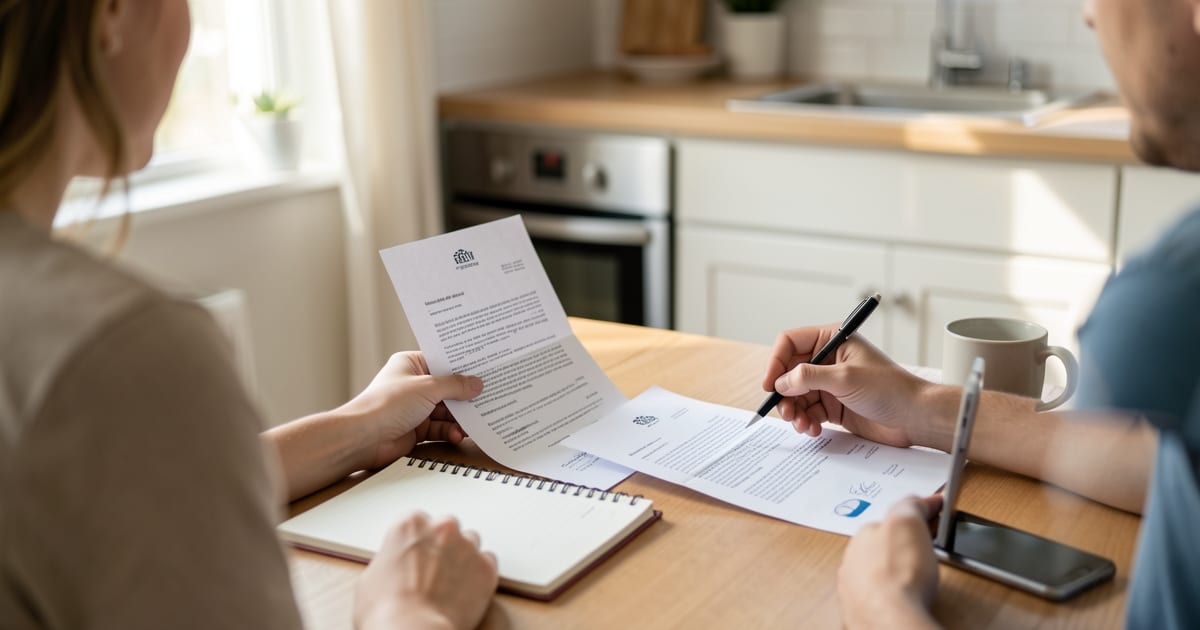 Job seeker at a kitchen table comparing two printed job offers with a pen and notepad