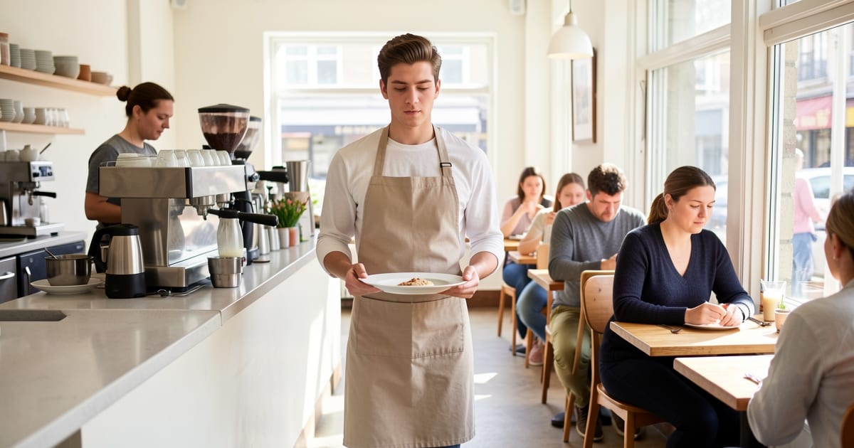 Young cafe worker carrying plates past a barista in a sunlit Australian-style cafe