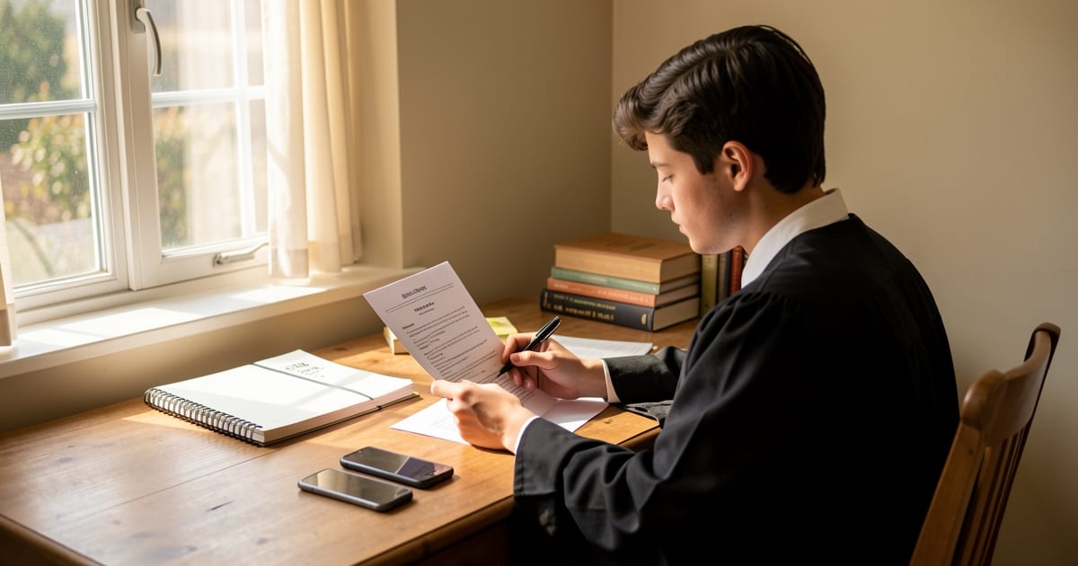 A graduate reviewing a printed résumé at a desk by a window with a notebook and phone