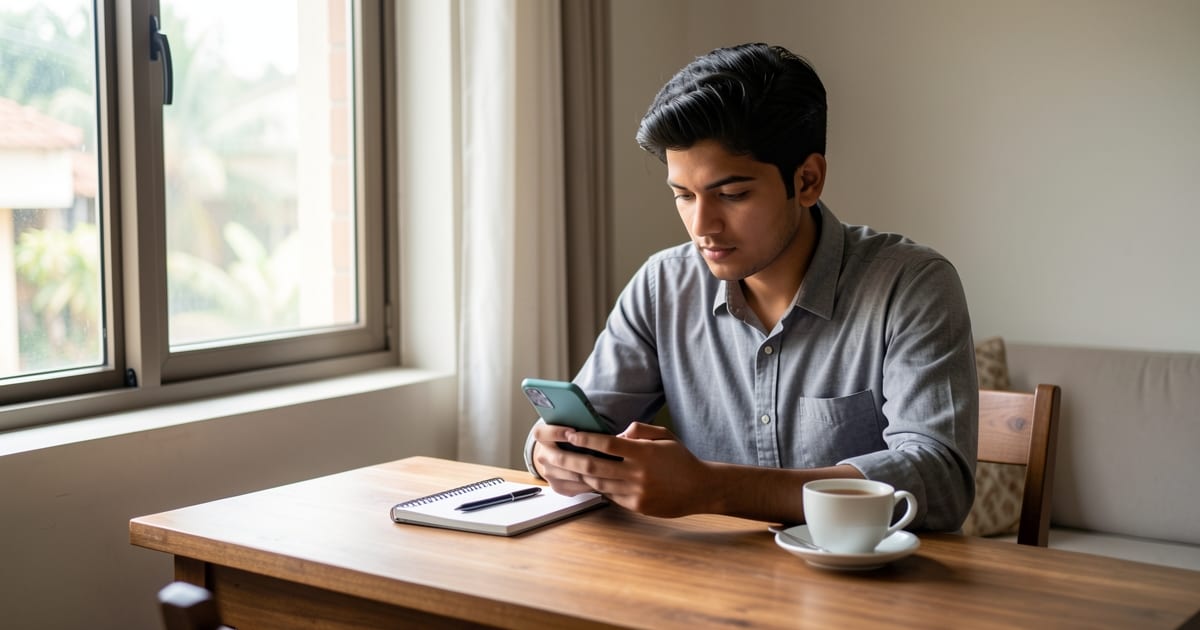 Job seeker at a table reading a message on a smartphone with a notebook and cup of tea beside them