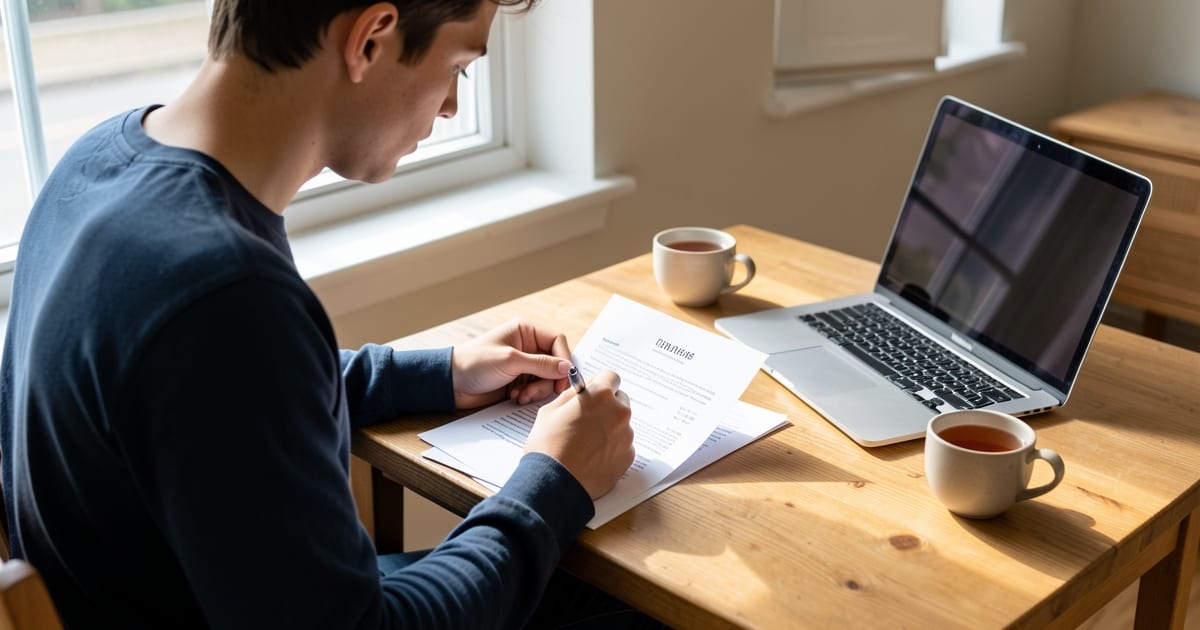 Job seeker reviewing a printed resume at a desk by a window with a laptop and cup of tea