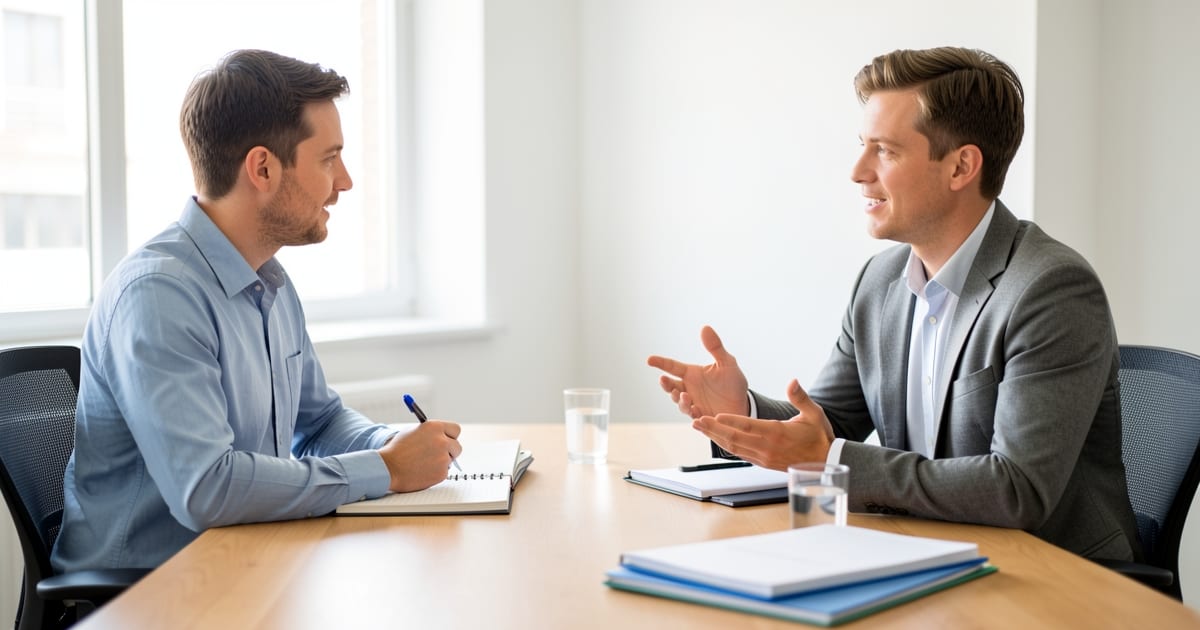 A candidate and an HR professional talking across a desk in a bright office during an interview