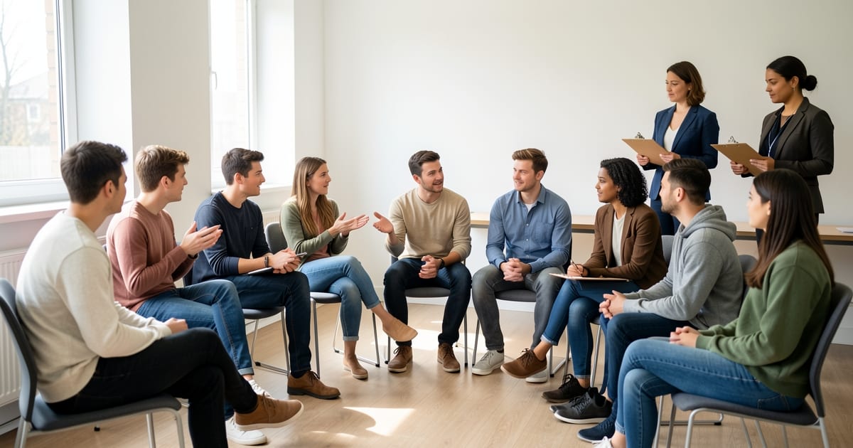 Candidates seated in a semicircle during a group discussion while two assessors observe