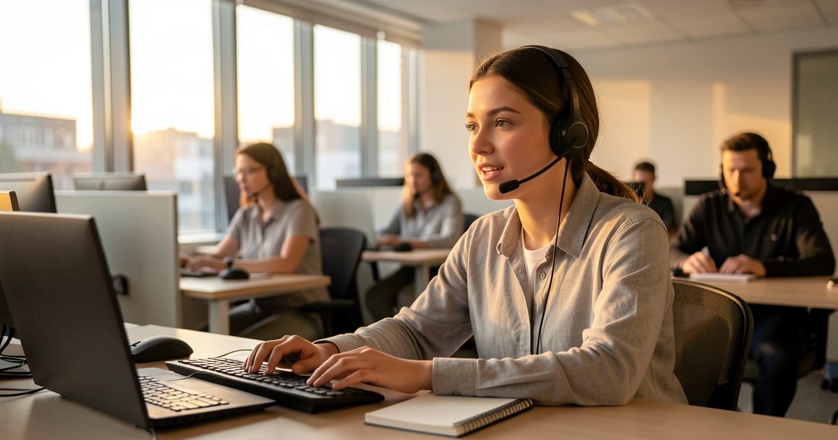 A customer support agent wearing a headset talks to a caller at a desk in a busy open-plan office