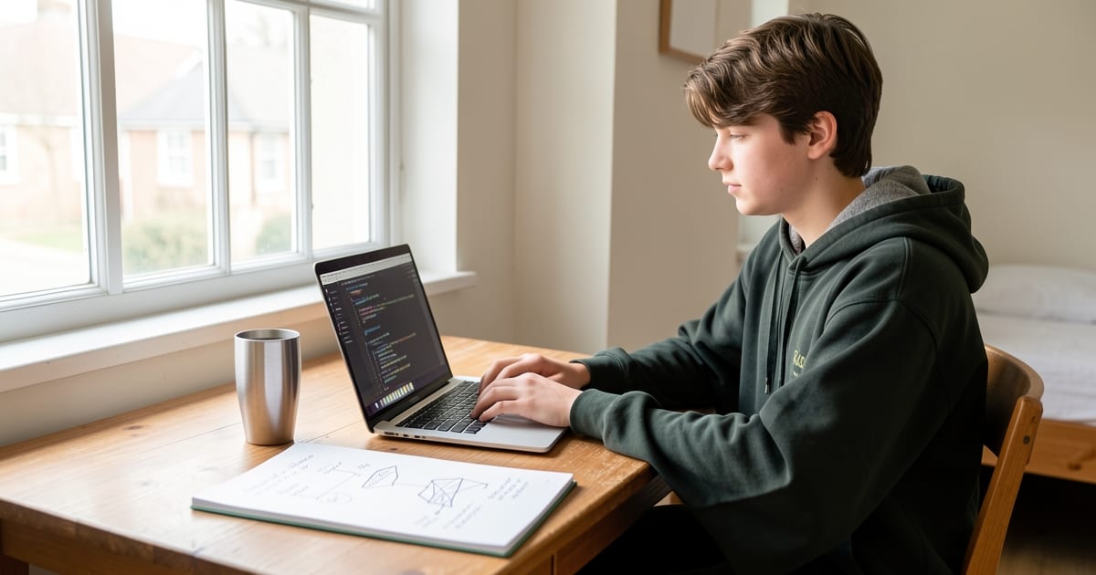 Young graduate coding on a laptop at a desk beside a notebook and a cup of tea in morning light