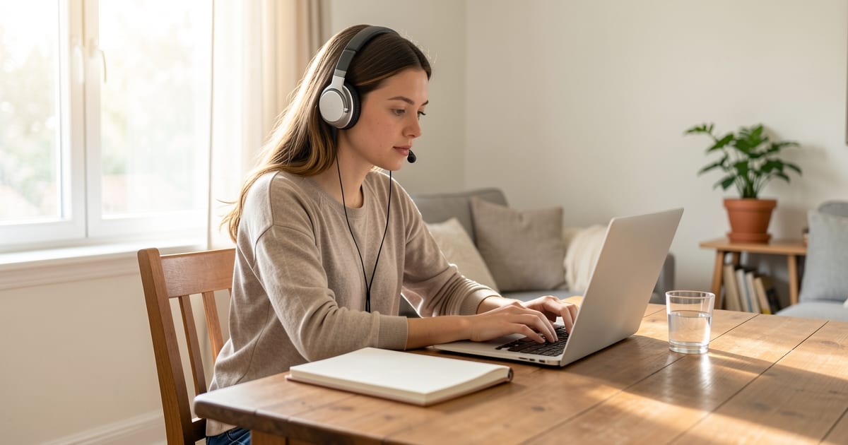 Woman wearing a headset works on a laptop at a table in a bright home
