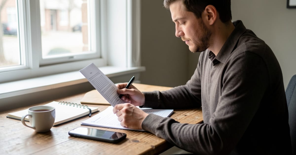 Job seeker at a desk reading a printed offer document with a notebook, pen and cup of tea in morning light