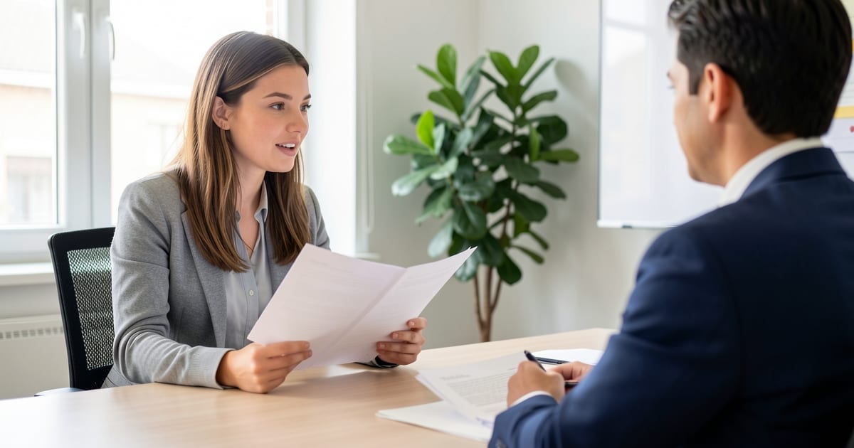 Young job seeker holding a folder during a candid interview in a bright office