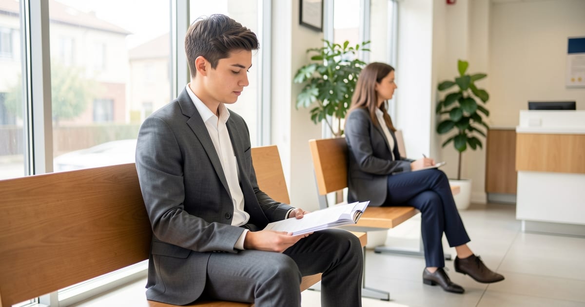 Job seeker holding a folder of documents while waiting in a bright office reception area for an interview
