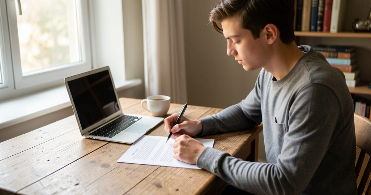Job seeker at a table by a window reviewing a printed CV with a pen, laptop and tea nearby