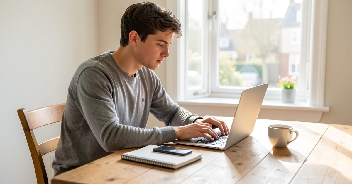 Job seeker writing an application at a desk with a laptop, phone, notebook and tea in soft window light