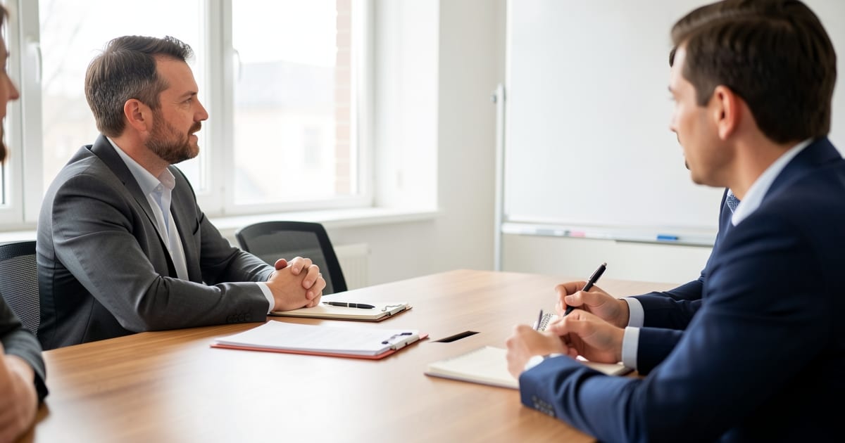 Job candidate facing a three-person interview panel across a table in a bright meeting room